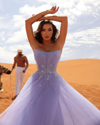 Classy Long Lilac Sleeveless Crystals Tulle Evening Party Gowns