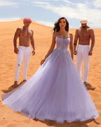Classy Long Lilac Sleeveless Crystals Tulle Evening Party Gowns