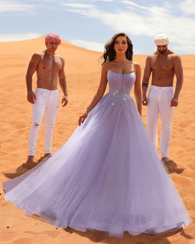 Elegantes vestidos largos de fiesta de noche de tul con cristales, sin mangas, color lila