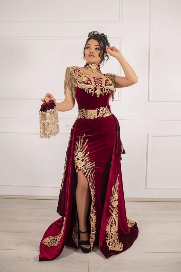 Classy Long Mermaid Appliques Lace Velvet Prom Dress With Slit