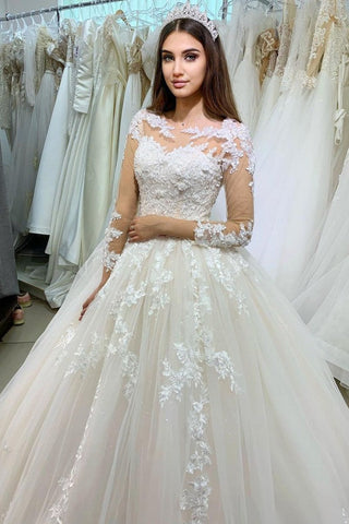 Elegante vestido de novia largo de princesa con apliques de encaje y tul, con mangas.