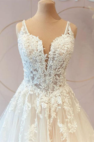 Elegantes vestidos de novia largos de princesa con escote corazón, tul, apliques y encaje