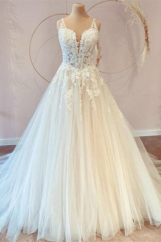 Elegantes vestidos de novia largos de princesa con escote corazón, tul, apliques y encaje