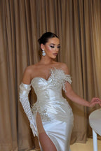 Classy Long White Mermaid Glitter Sleeveless Evening Party Gowns Long Slit Online