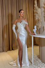 Classy Long White Mermaid Glitter Sleeveless Evening Party Gowns Long Slit Online
