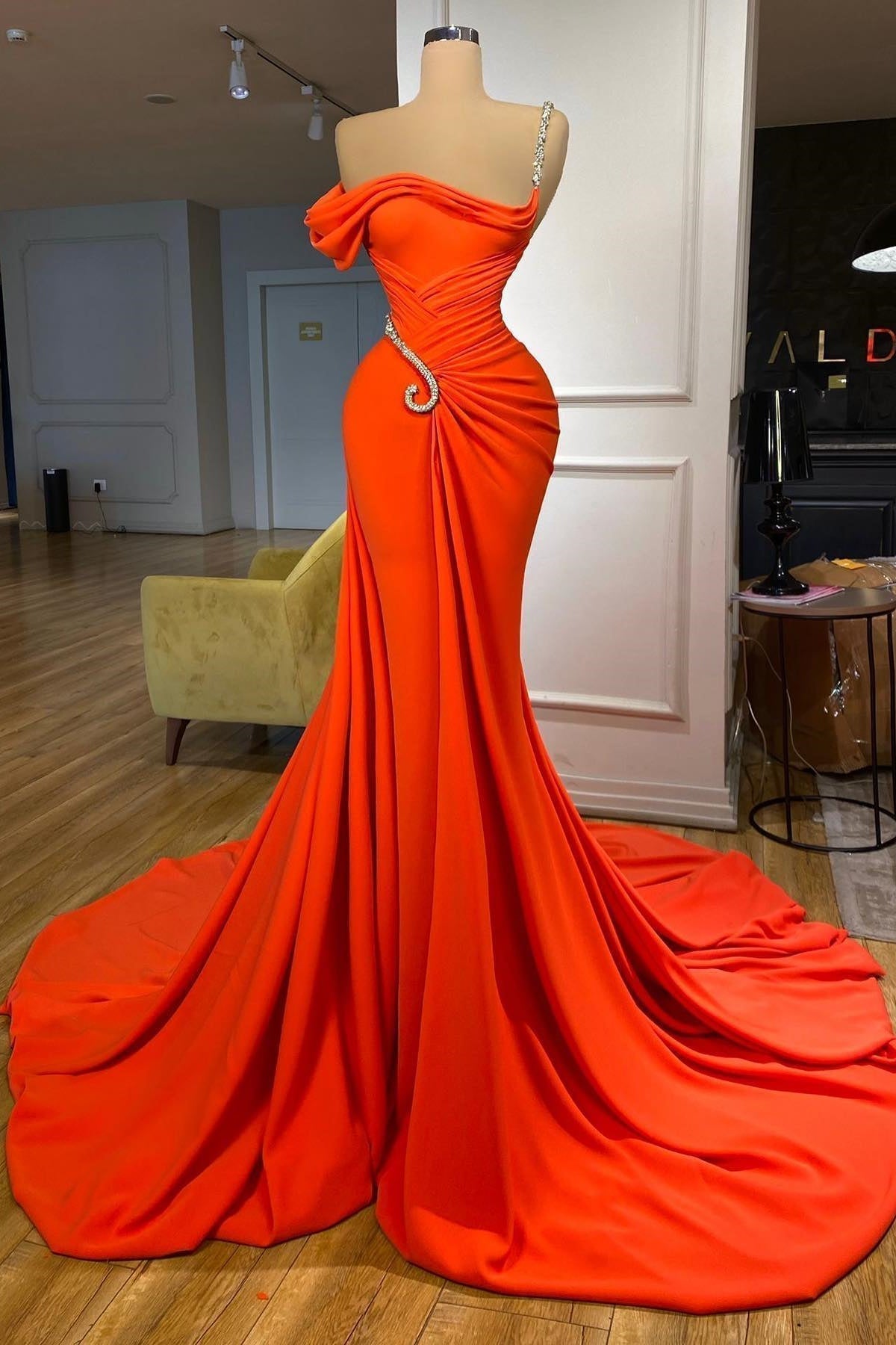 Classy One-should Sleeveless Mermaid Evening Party Gowns With Ruffles Long