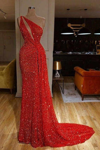 Robes de bal rouges chics à une épaule, à sequins et longues, en solde