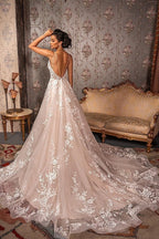 Robes de mariée élégantes à col en V, applications de dentelle, bretelles spaghetti et sans manches, coupe trapèze 