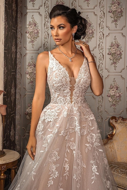 Robes de mariée élégantes à col en V, applications de dentelle, bretelles spaghetti et sans manches, coupe trapèze 