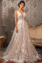 Robes de mariée élégantes à col en V, applications de dentelle, bretelles spaghetti et sans manches, coupe trapèze 