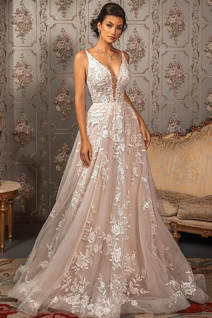 Robes de mariée élégantes à col en V, applications de dentelle, bretelles spaghetti et sans manches, coupe trapèze 