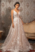 Robes de mariée élégantes à col en V, applications de dentelle, bretelles spaghetti et sans manches, coupe trapèze 