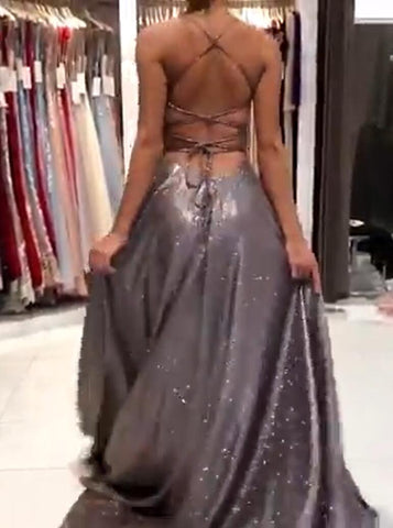 Robe de soirée longue élégante à col en V et bretelles spaghetti en solde