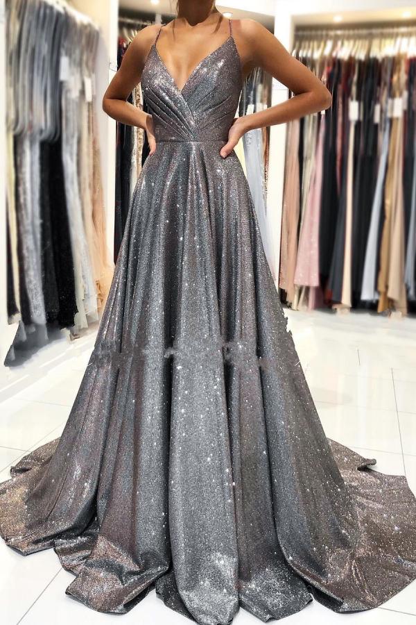 Robe de soirée longue élégante à col en V et bretelles spaghetti en solde