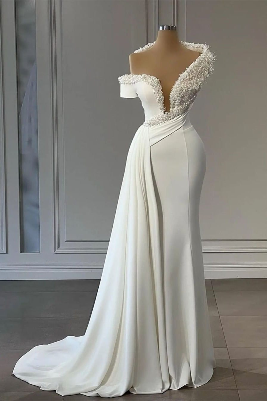 Robes de mariée sirène élégantes à col en V, épaules dénudées et perles, sans manches