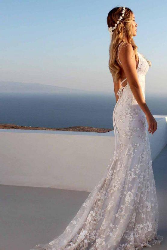 Cloth-fitting Floor Length Lace V-Neck Spaghetti Open Back Prom Dresses Party Gowns With Lace Up