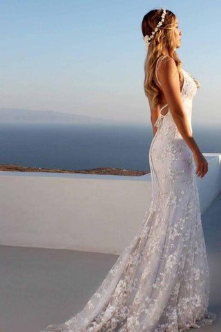 Vestidos de fiesta de encaje ajustados hasta el suelo, con escote en V, tirantes finos y espalda descubierta, estilo baile de graduación, con cordones.