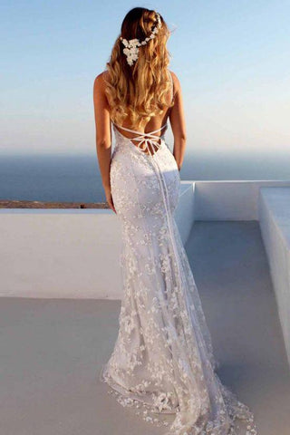 Vestidos de fiesta de encaje ajustados hasta el suelo, con escote en V, tirantes finos y espalda descubierta, estilo baile de graduación, con cordones.