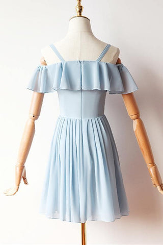 Robe de bal courte à manches dénudées, robe de soirée bleue en mousseline PD427