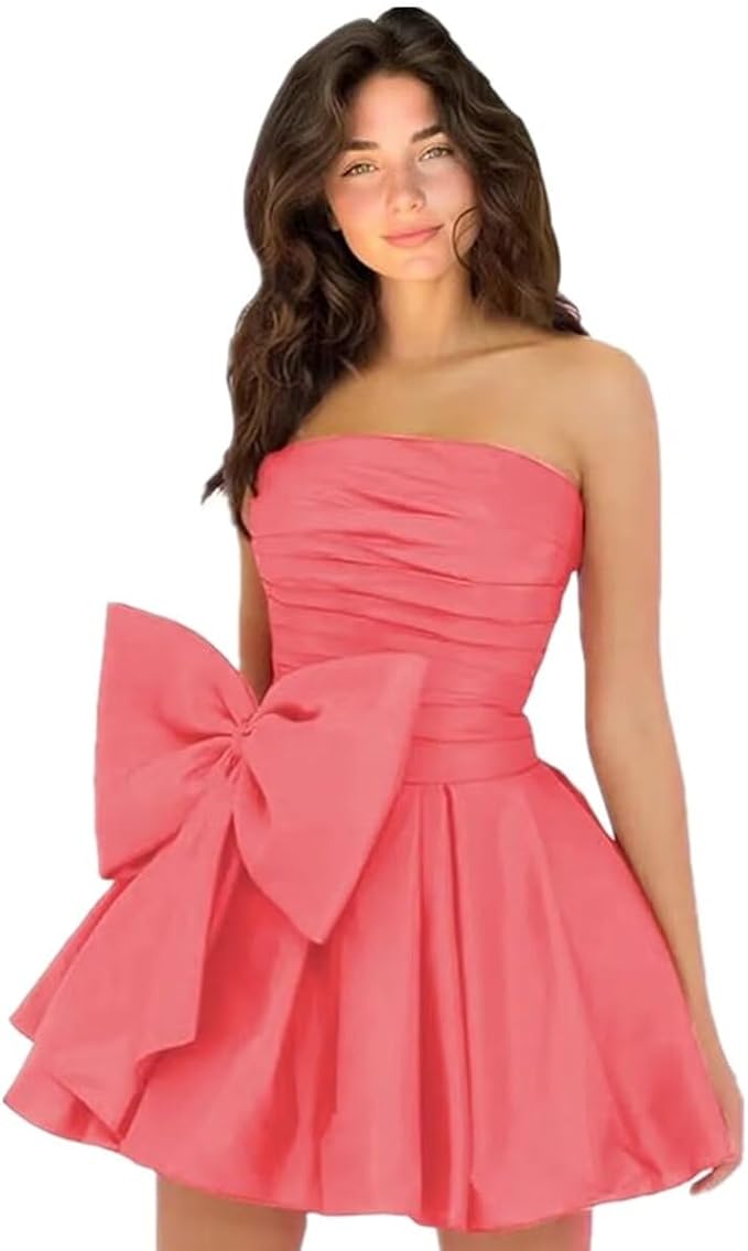 Robes de soirée courtes et chics pour le bal de promo, coupe trapèze, sans manches, bustier, froncées, lacées et ornées d'un nœud.