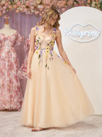 Vestido midi de fiesta con corsé de corte A y flores 3D