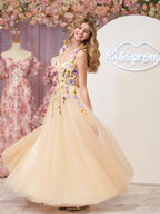 Vestido midi de fiesta con corsé de corte A y flores 3D