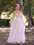 Vestido de fiesta de tul hasta el suelo, corte en A, con corsé, hombros descubiertos y aplicaciones de encaje.