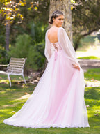 Robe de bal longue en tulle à manches bouffantes et corset
