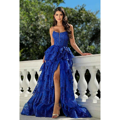 Vestido de fiesta de noche con tirantes finos, corte A, abertura lateral cuadrada y apliques, de alta costura y ornamentado