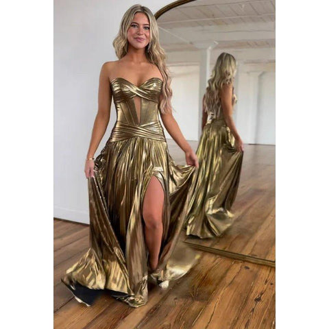 Vestido de fiesta de graduación con hombros descubiertos, corte A, sin mangas y abertura lateral, de alta costura y ornamentado