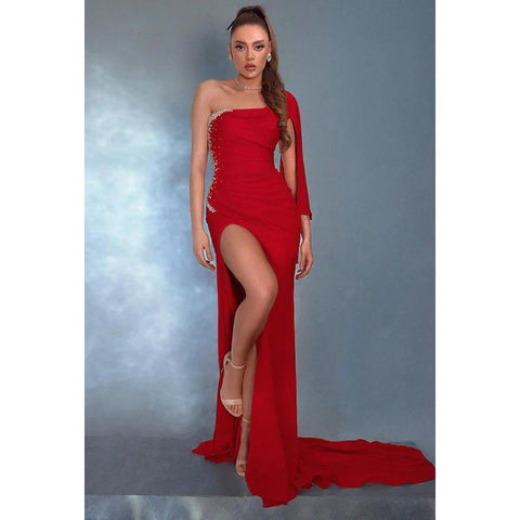 Couture & Ornate One Shoulder High Side Slit Sheath Formal Party Prom Dress With Rhinestones