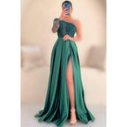 Couture & Ornate One Shoulder Long Sleeves A-line Applique Slit Prom Dress