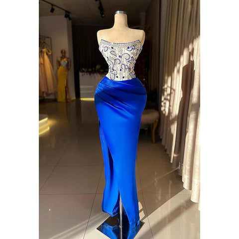 Vestido formal de fiesta con abertura, bordado, sin mangas y escote redondo de alta costura