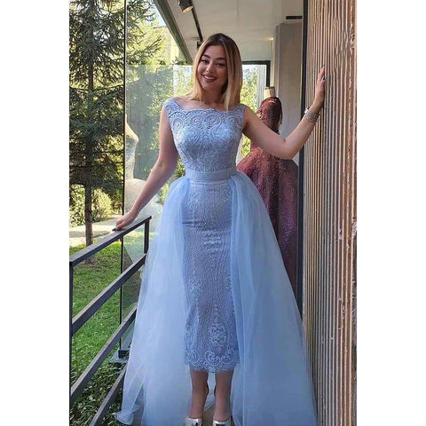 Vestido formal de fiesta de graduación con apliques, sin mangas, con corte en forma de columna y alta costura ornamentada