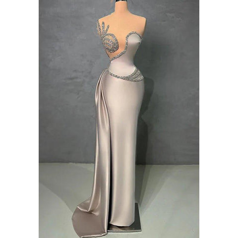 Vestido de fiesta formal con escote en V, sin mangas y alta costura adornada