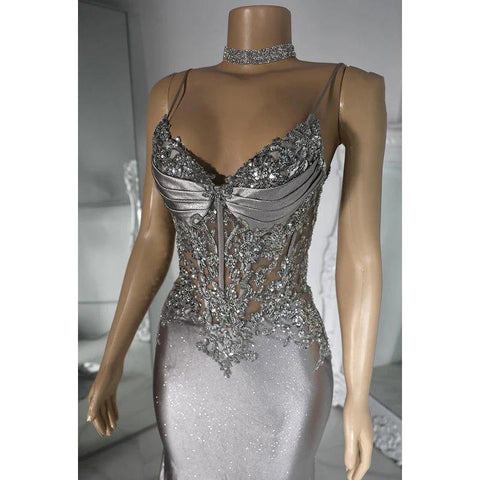 Robe de soirée sirène à paillettes et bretelles spaghetti, col en V, couture et ornements
