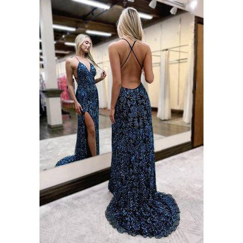 Vestido de noche formal de graduación con escote en V, lentejuelas y aberturas laterales, tirantes ornamentados y alta costura