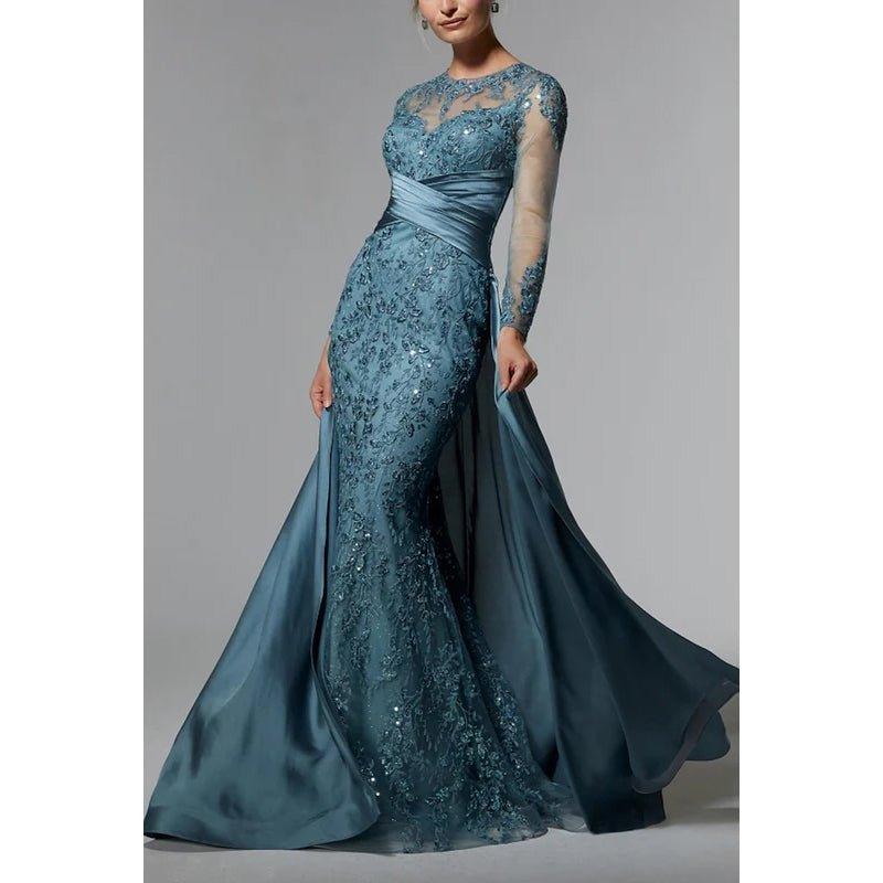 Robe de soirée scintillante à manches longues, style trompette/sirène, couture et ornements