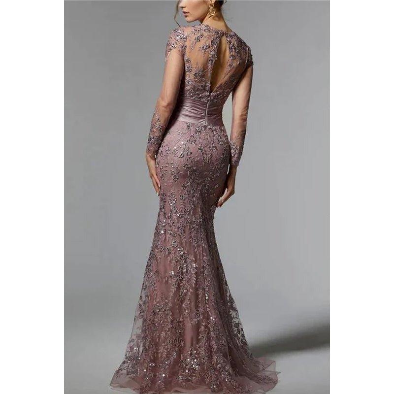 Robe de soirée scintillante à manches longues, style trompette/sirène, couture et ornements
