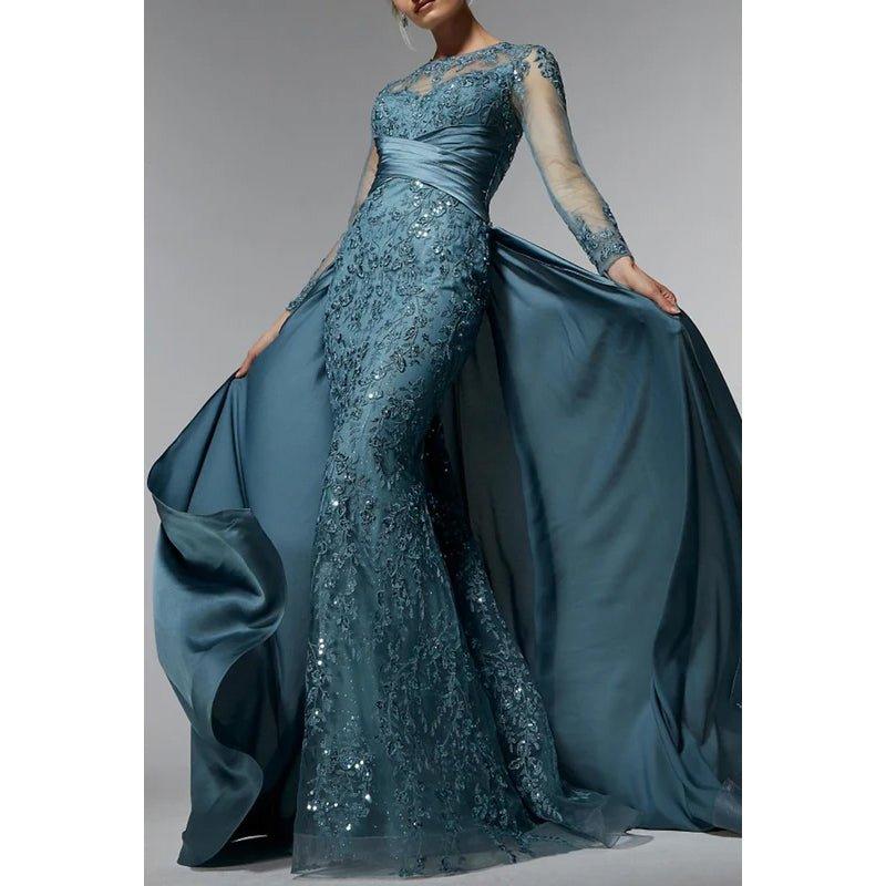 Robe de soirée scintillante à manches longues, style trompette/sirène, couture et ornements