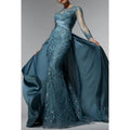 Robe de soirée scintillante à manches longues, style trompette/sirène, couture et ornements