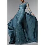 Robe de soirée scintillante à manches longues, style trompette/sirène, couture et ornements