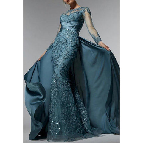 Robe de soirée scintillante à manches longues, style trompette/sirène, couture et ornements