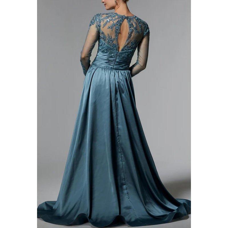 Robe de soirée scintillante à manches longues, style trompette/sirène, couture et ornements