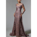 Robe de soirée scintillante à manches longues, style trompette/sirène, couture et ornements