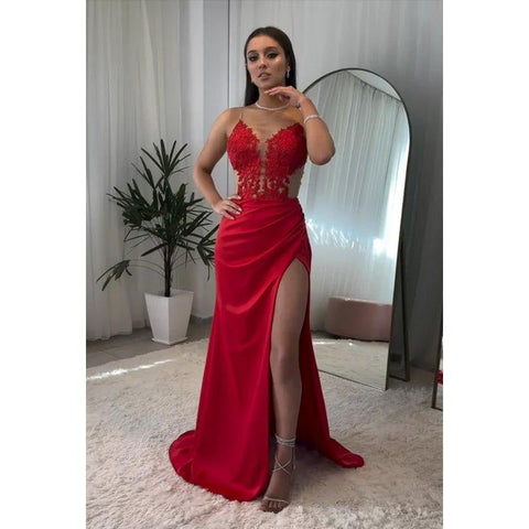 Vestido de fiesta de noche con abertura y escote en V sin mangas, corte trompeta/sirena y alta costura adornado