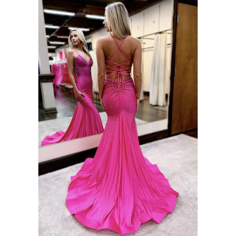 Robe de bal de fin d'année sirène à col en V et bretelles croisées