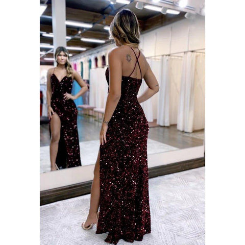 Vestido de fiesta de graduación con escote en V, tirantes finos, lentejuelas y brillantes, de alta costura y ornamentado.