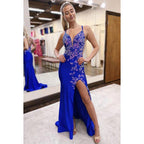 Couture & Ornate V-neck Spaghetti Straps Side Slit Appliqued Evening Prom Dress