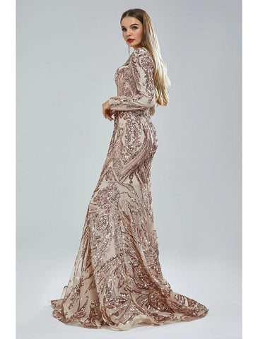 Vestido de noche corte sirena/trompeta, brillante y reluciente, ideal para carnaval, eventos formales, con cola, manga larga, escote en V, encaje afroamericano con lentejuelas.